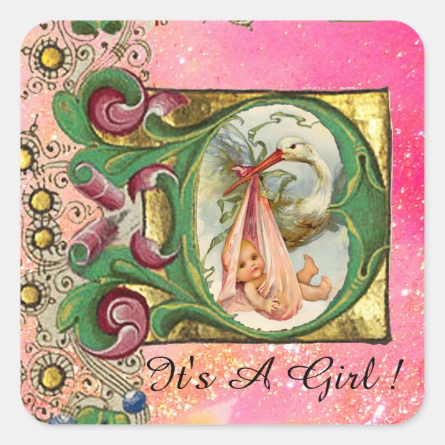STORK GIRL BABY DUSCHE FLORALLE PARKPLATZ IN PINK QUADRATISCHER AUFKLEBER (Vorderseite)