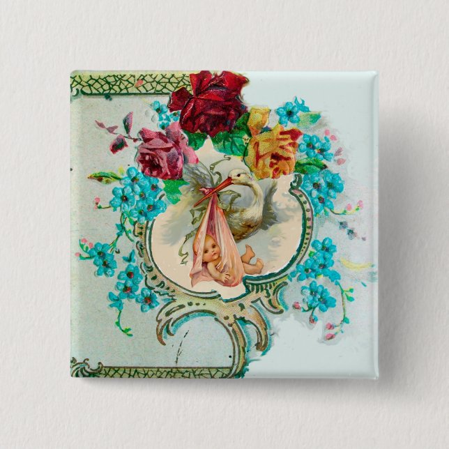 STORK GIRL BABY DUSCHE/PINK ROSES BLUE BLUE FLOWER BUTTON (Vorderseite)