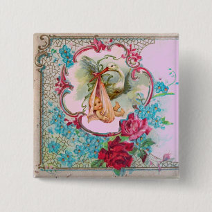STORK GIRL BABY DUSCHE/PINK ROSES BLUE BLUE FLOWER BUTTON