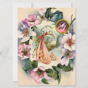 STORK GIRL BABY DUSCHE ,PINK WILD ROSE MONOGRAM EINLADUNG