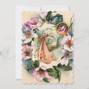 STORK GIRL BABY DUSCHE ,PINK WILD ROSE MONOGRAM EINLADUNG