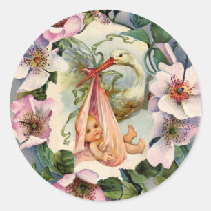 STORK GIRL BABY SHOWER KROWN MIT PINK WILD ROSE RUNDER AUFKLEBER