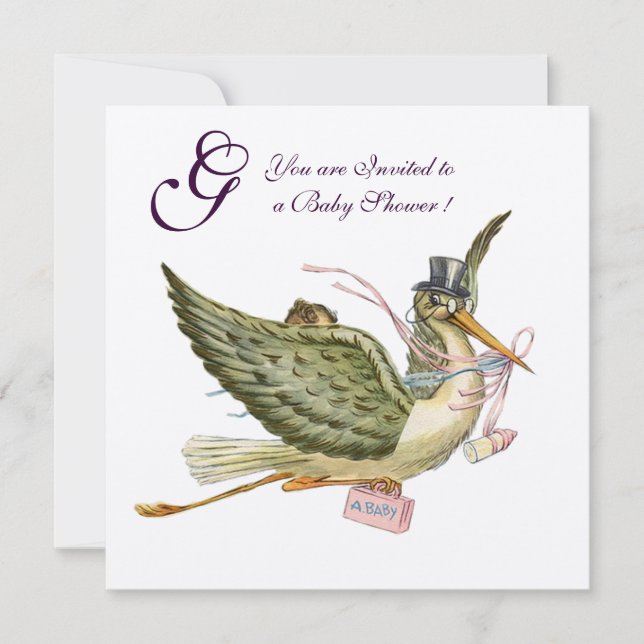 STORK GIRL BABY SHOWER MONOGRAM Pink White Einladung (Vorderseite)