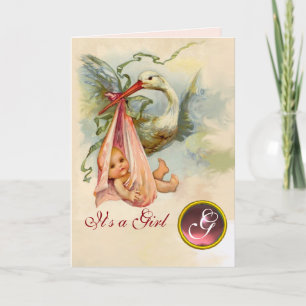 STORK GIRL BABY SHOWER PINK GEM MONOGRAM ANKÜNDIGUNG