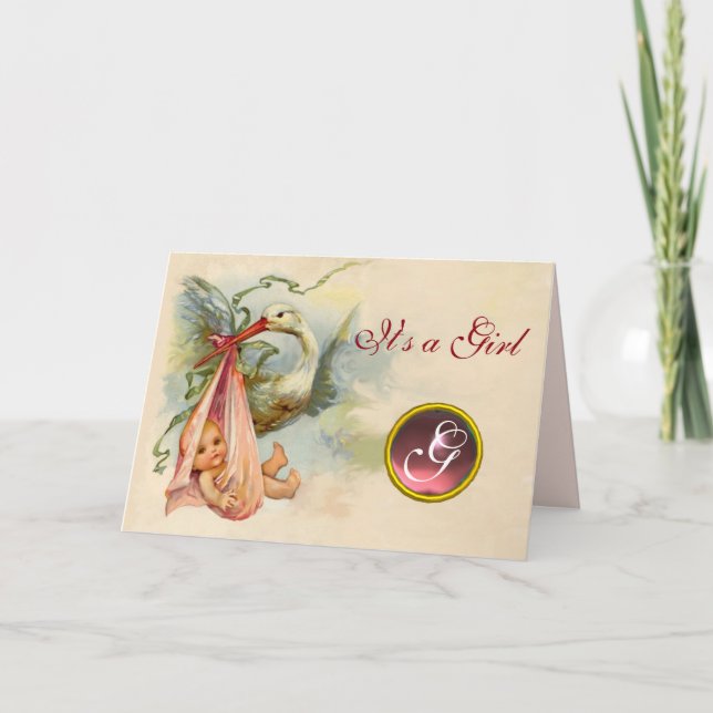STORK GIRL BABY SHOWER PINK GEM MONOGRAM ANKÜNDIGUNG (Vorderseite)