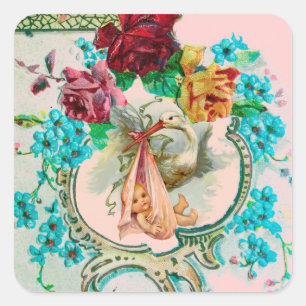 STORK GIRL BABY SHOWER PINK ROSES UND BLAUE BLWERK QUADRATISCHER AUFKLEBER