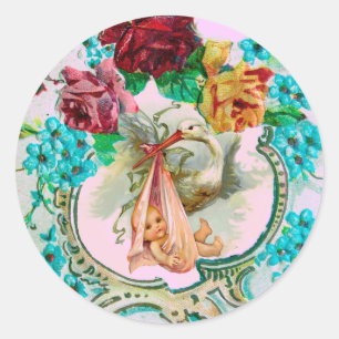 STORK GIRL BABY SHOWER PINK ROSES UND BLAUE BLWERK RUNDER AUFKLEBER