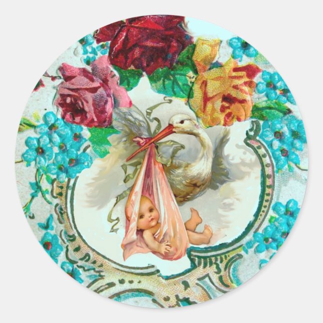 STORK GIRL BABY SHOWER PINK ROSES UND BLAUE BLWERK RUNDER AUFKLEBER (Vorderseite)