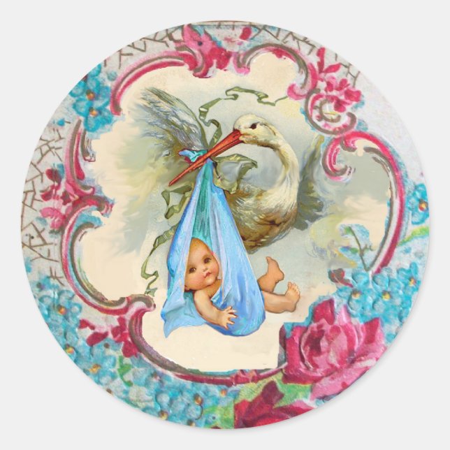 STORK GIRL BABY SHOWER PINK ROSES UND BLAUE BLWERK RUNDER AUFKLEBER (Vorderseite)