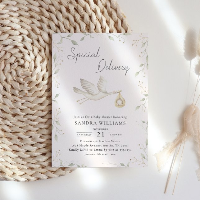 Stork Greenery Baby Shower Einladung (Von Creator hochgeladen)