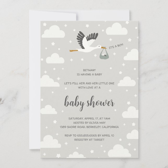 Stork illustration boy baby shower invitation einladung (Vorderseite)