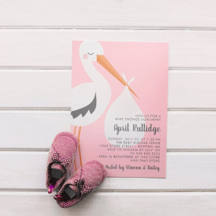 Stork Illustration Pink Girl Babydusche Einladung