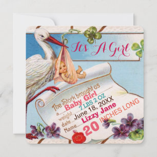 STORK,KLEEBLÄTTER GiRL BABY ZEIGEN DEN GEBURTSSTAT Einladung