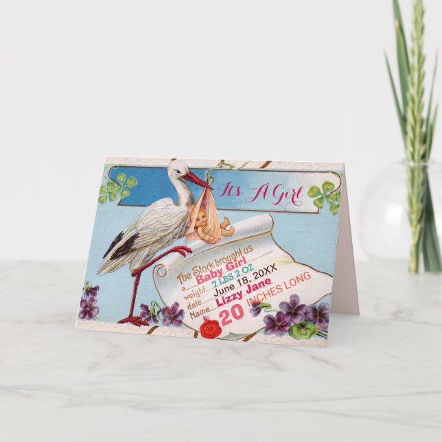 STORK,KLEEBLÄTTER GiRL BABY ZEIGEN GEBURTSSTATT Einladung (Vorderseite)