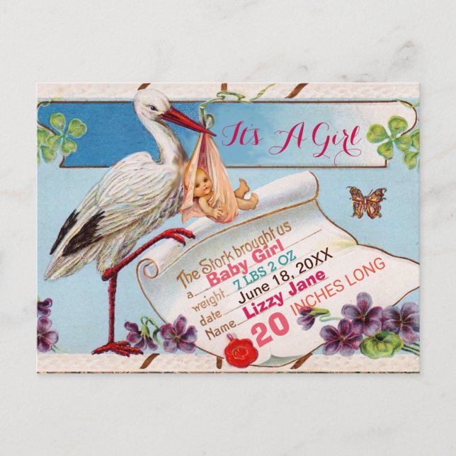 STORK,KLEEBLÄTTER GiRL BABY ZEIGEN GEBURTSSTATT Einladungspostkarte (Vorderseite)