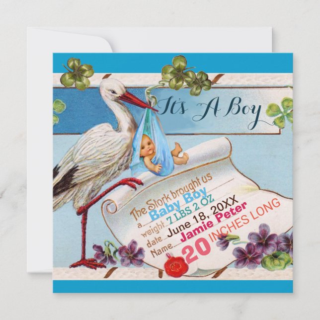 STORK, KLEEBLATTS BABY SHOWER GEBURTSTATT EINLADUNG (Vorderseite)