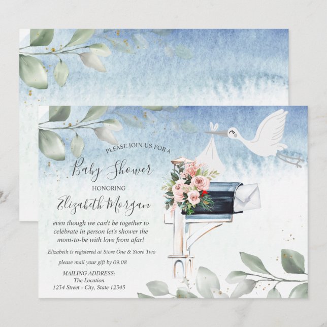 Stork Mailbox Lieferung Babydusche per Post Einladung (Vorne/Hinten)