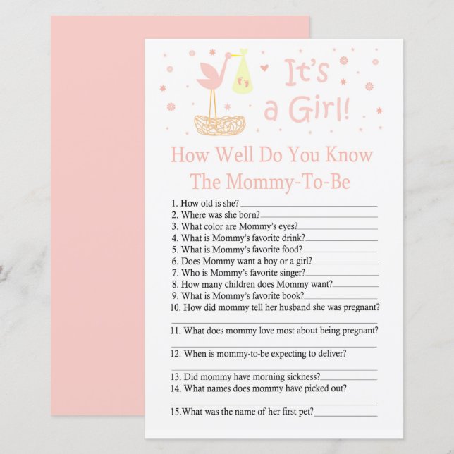 Stork Nest Wie gut Sie wissen, Baby Dusche Spiel (Vorne/Hinten)