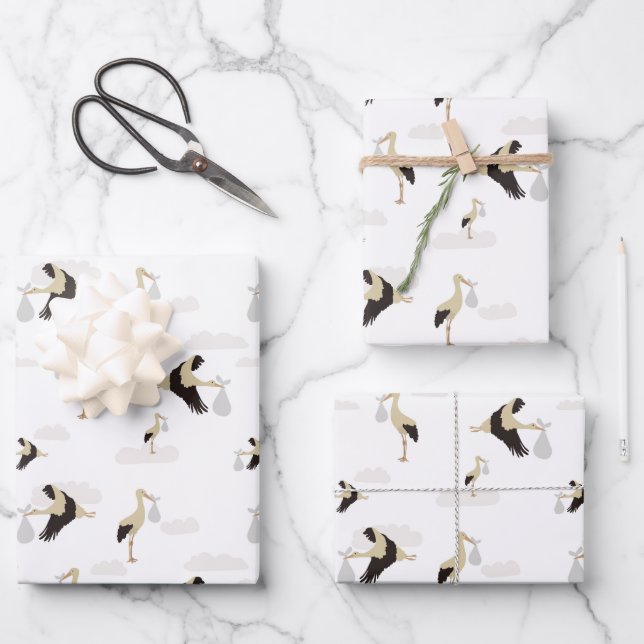 Stork Newborn Baby Boy Girl Pattern Geschenkpapier Set (Vorderseite)