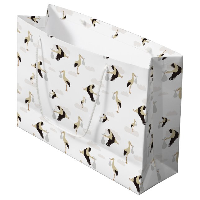 Stork Newborn Baby Boy Girl Pattern Große Geschenktüte (Vorderseite Schrägansicht)
