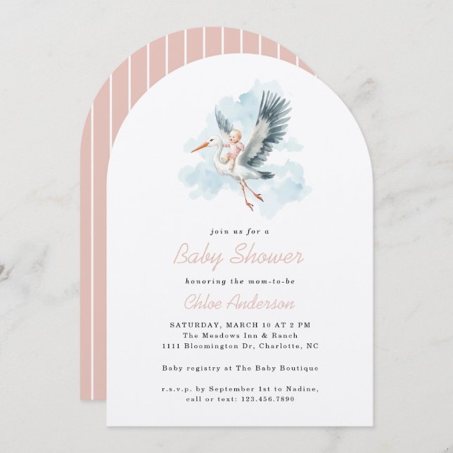 Stork Pink Baby Girl Watercolor Babydusche Arsch Einladung (Vorne/Hinten)