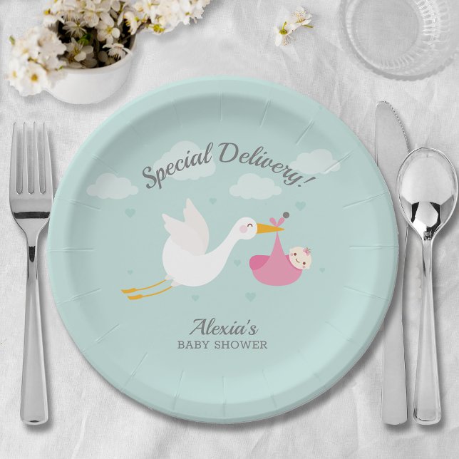 Stork Pink Girl Baby Bundle Baby Dusche Pappteller (Cute stork pink baby bundle girl baby shower paper plates)