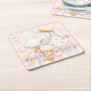Stork Pink Girl Babydusche Design Paper Untersetze Rechteckiger Pappuntersetzer