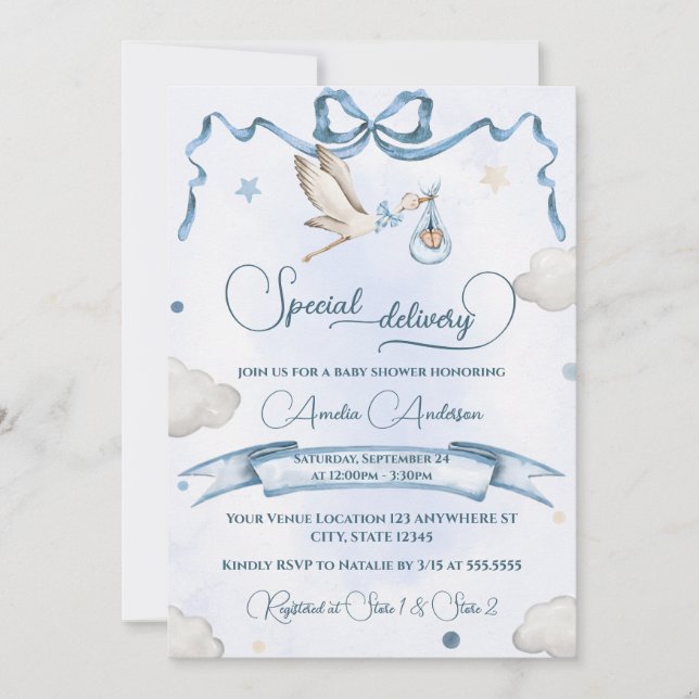 Stork Special Delivery Ribbon Bow Baby Shower Einladung (Vorderseite)