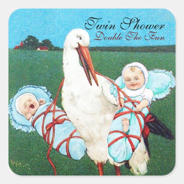STORK TWIN BABY BOY SHOWER, aquamarin blau Quadratischer Aufkleber (Vorderseite)