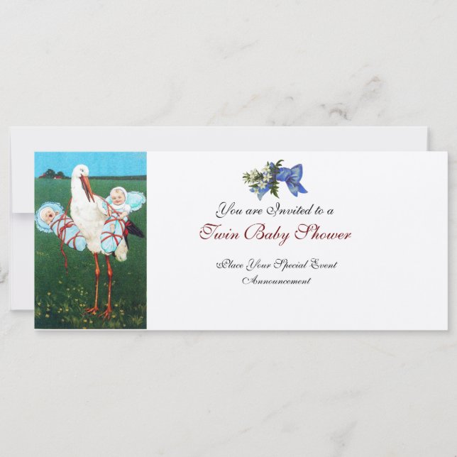 STORK TWIN BABY BOY SHOWER Champagne Metallic Einladung (Vorderseite)