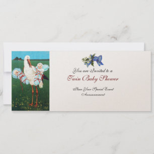 STORK TWIN BABY BOY SHOWER Champagne Metallic Einladung