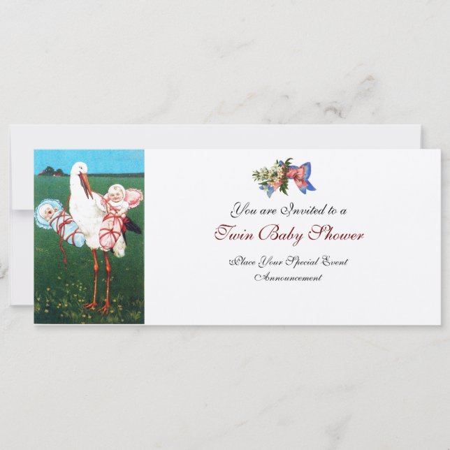 STORK TWIN BABY DUSCHE , Champagner metallisch Einladung (Vorderseite)
