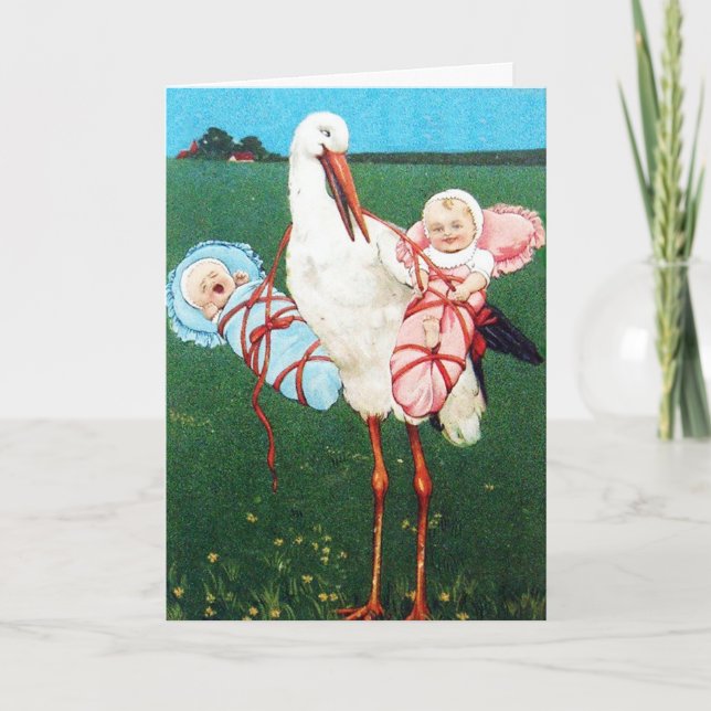 STORK TWIN BABY DUSCHE, rosa, Aquamarin blau Dankeskarte (Vorderseite)