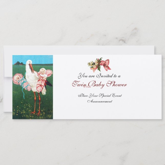 STORK TWIN BABY GIRL SHOWER Champagne Metallic Einladung (Vorderseite)