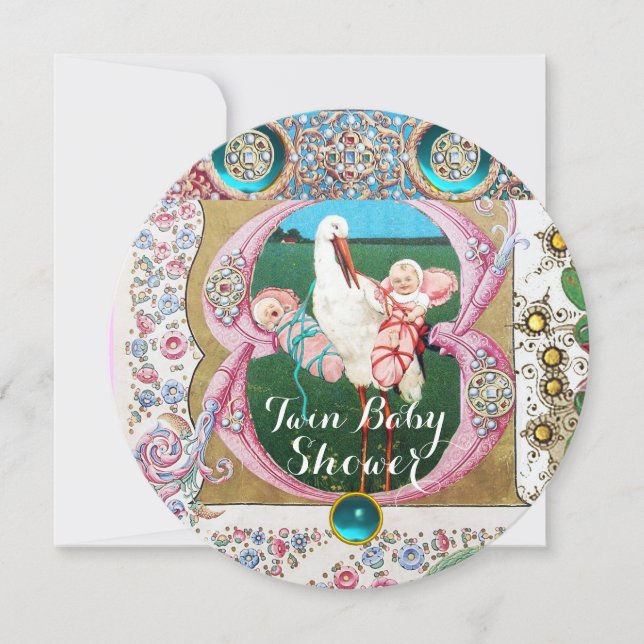 STORK TWIN BABY MÄDCHEN DUSCHE, FLORALISCHE GEMSTO EINLADUNG (Vorderseite)