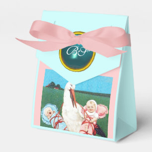 STORK TWIN BABY SHOWER BLAUE GEM STONE MONOGRAM GESCHENKSCHACHTEL