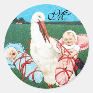 STORK TWIN BABY SHOWM MONOGRAM RUNDER AUFKLEBER