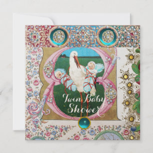 STORK TWIN BOYS BABY SHOWER, FLORAL GEMSTONES EINLADUNG