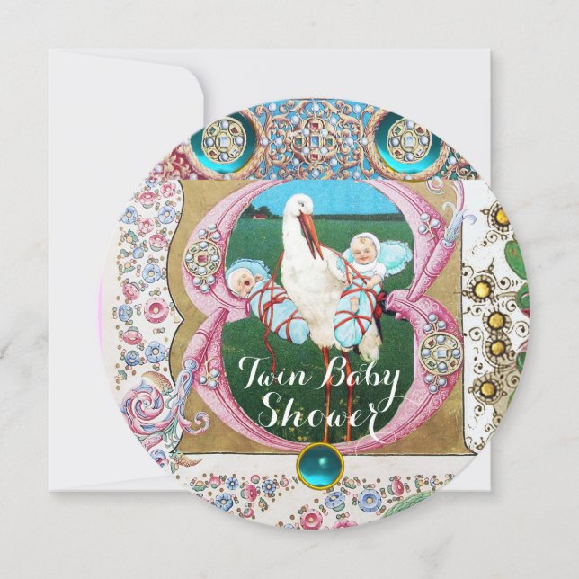 STORK TWIN BOYS BABY SHOWER, FLORAL GEMSTONES EINLADUNG (Vorderseite)