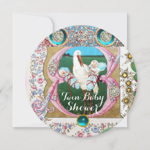 STORK TWIN BOYS BABY SHOWER, FLORAL GEMSTONES EINLADUNG