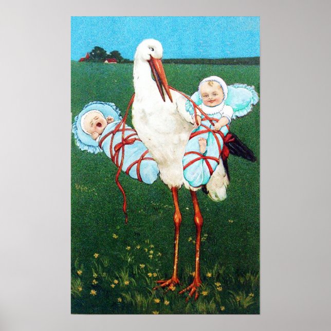 STORK TWIN BOYS BABY SHOWER MONOGRAM, POSTER (Vorne)