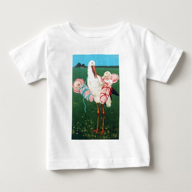 STORK TWIN GIRL BABY DUSCHE, rosa weiß T-shirt (Vorderseite)