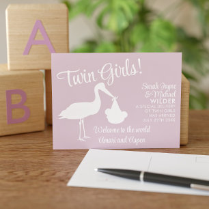 Stork Twin Girls Rosa Geburtserklärung Postkarte