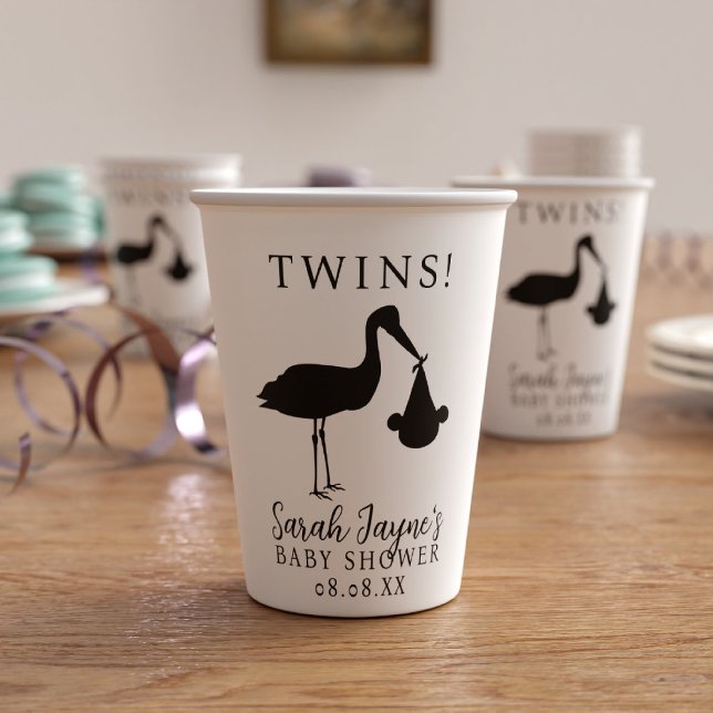Stork Twins Black and White Baby Showcreen Cups Pappbecher (A stylish black and white stork baby shower paper cup perfect for your twin baby shower)