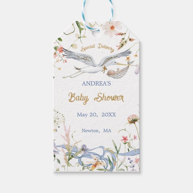 Stork Wildblume Ribbon Babydusche Geschenkanhänger (Vorderseite)