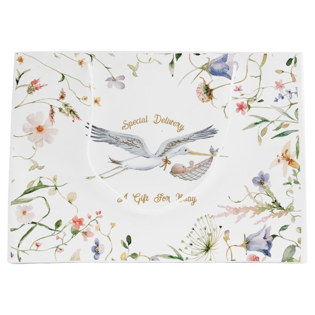 Stork Wildblume Ribbon Babydusche Große Geschenktüte (Vorderseite)