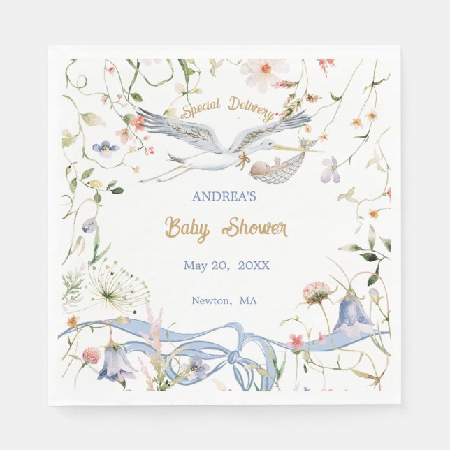 Stork Wildblume Ribbon Babydusche Papier Napkin Serviette (Vorderseite)