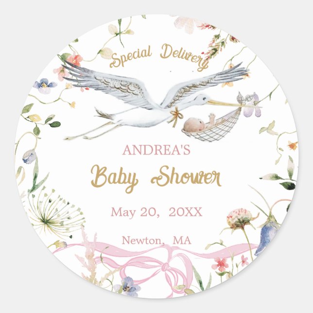 Stork Wildblume Ribbon Babydusche Runder Aufkleber (Vorderseite)