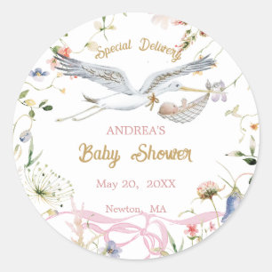 Stork Wildblume Ribbon Babydusche Runder Aufkleber