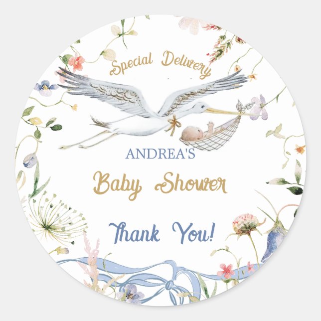 Stork Wildblume Ribbon Babydusche Runder Aufkleber (Vorderseite)